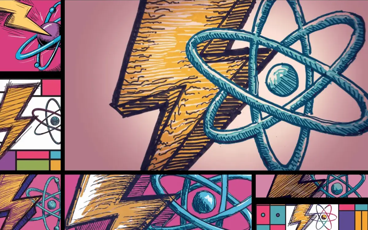 AI-generated sketch images of React and Vite's logo together, arranged in a grid in the style of Piet Mondrian's Composition II in Red, Blue, and Yellow